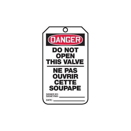 Accuform French Bilingual Safety Tags, DANGER DO NOT OPEN THIS VALVE, 5.75in x 3.25in, PF-Cardstock, 25PK TCF137CTP